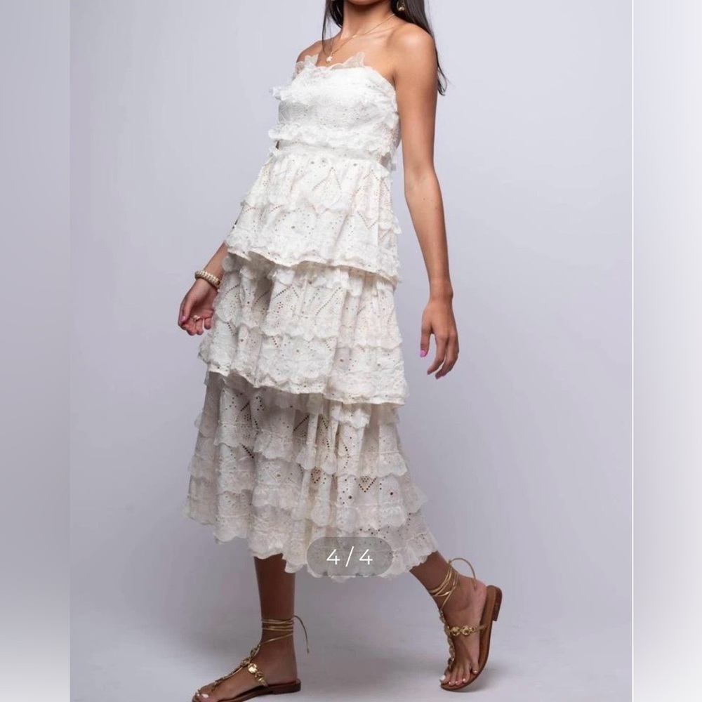Sophie the Label Rumi Midi Dress Tiered Ruffle Victorian Eyelet Ivory Cream Sz L
